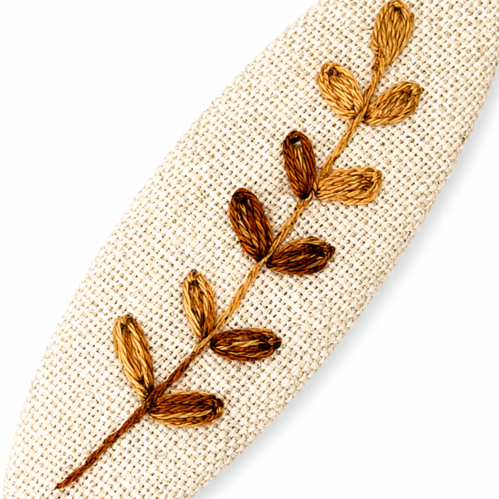 Handmade Embroidered Brown Leaf, Natural Linen Hair Snap Clips, Oval, 2.36 in. (Pack of 2)