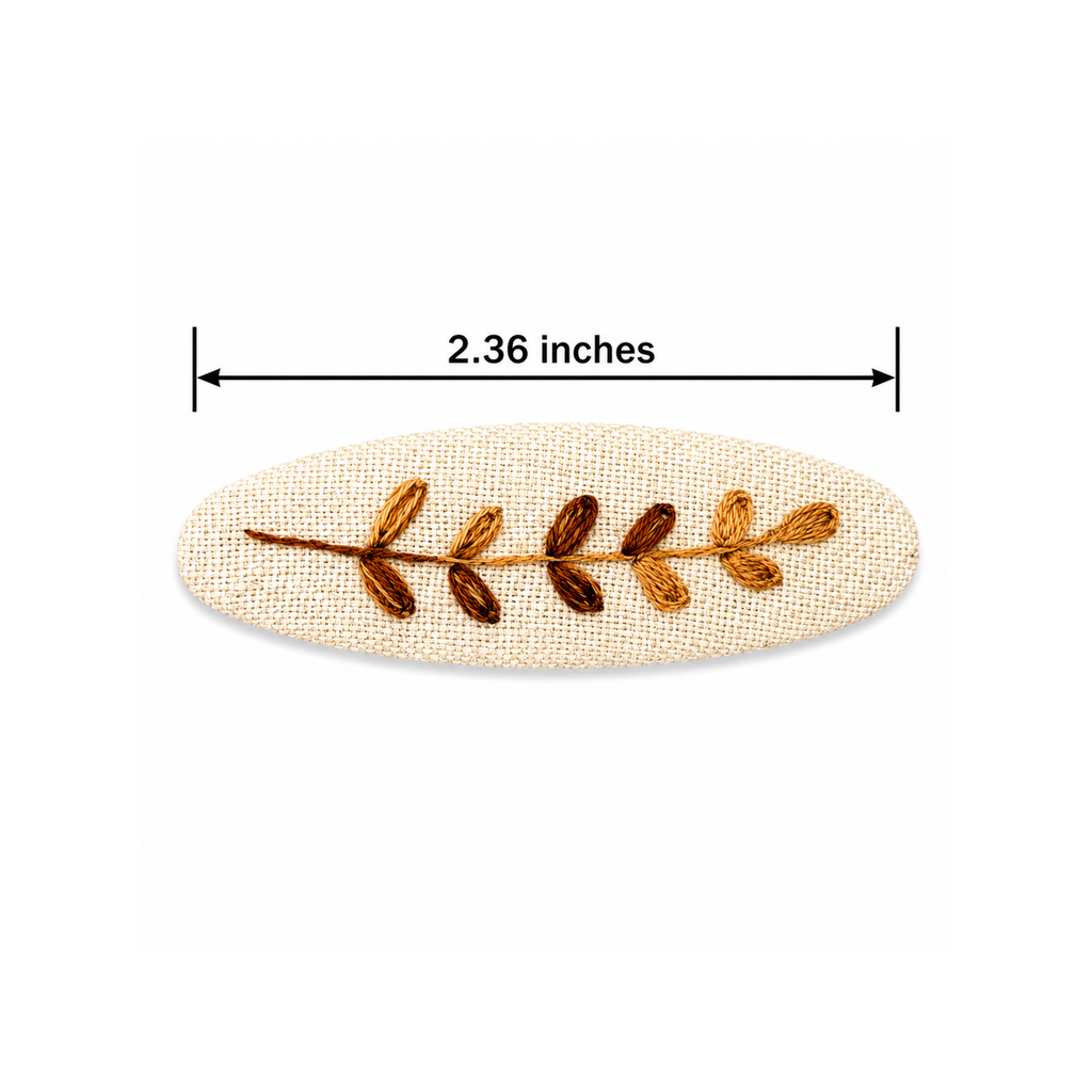 Handmade Embroidered Brown Leaf, Natural Linen Hair Snap Clips, Oval, 2.36 in. (Pack of 2)