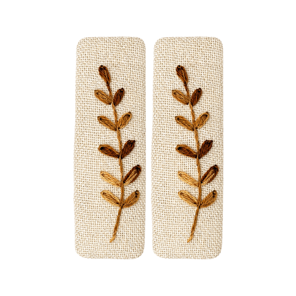 Handmade Embroidered Brown Leaf, Natural Linen Hair Snap Clips, Rectangle, 2.36 in. (Pack of 2)