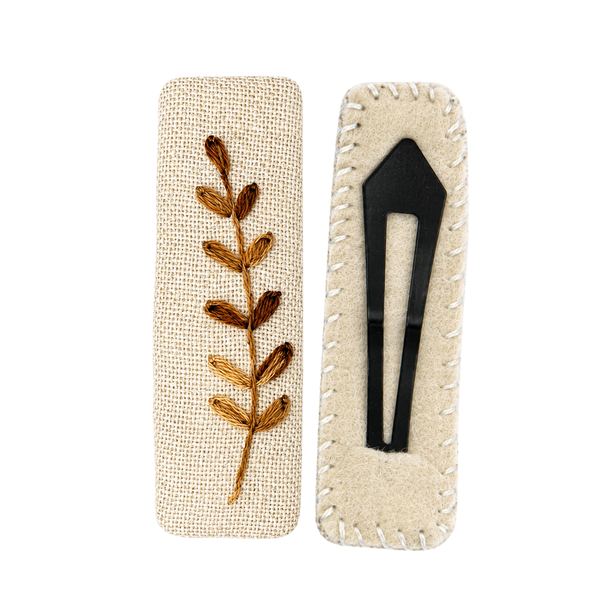 Handmade Embroidered Brown Leaf, Natural Linen Hair Snap Clips, Rectangle, 2.36 in. (Pack of 2)