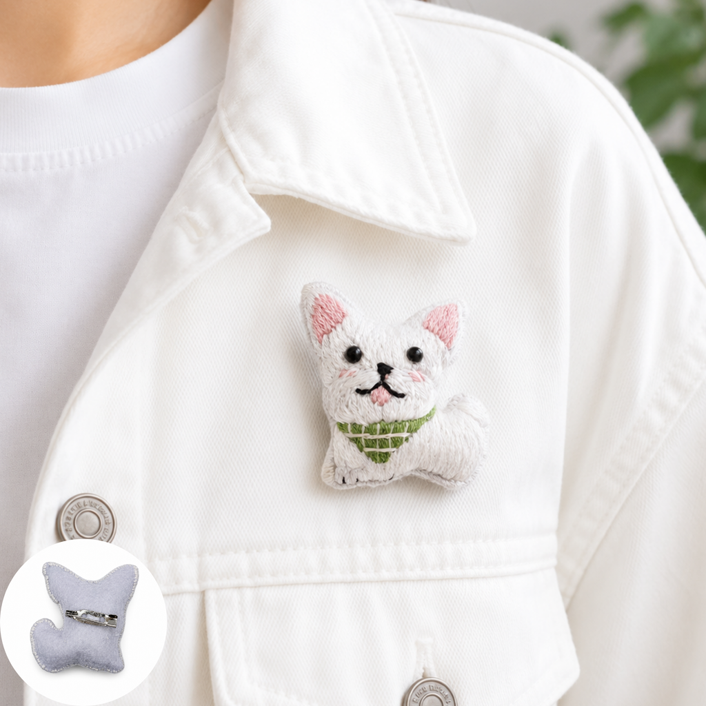 Handmade 3D Embroidered Dog Pin Badge for Bags, Hats & Clothing