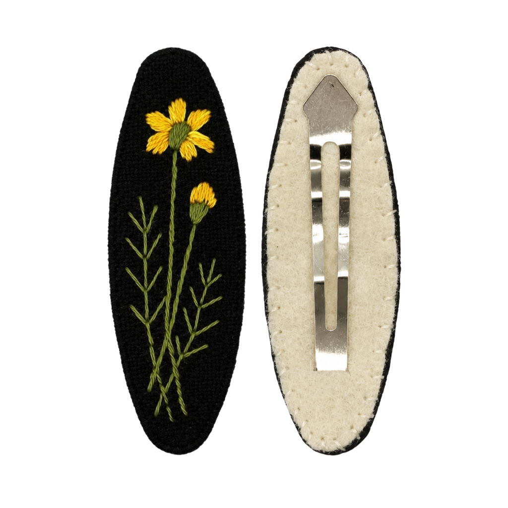 Handmade Embroidered Yellow Flower Linen Hair Snap Clips, Oval, 2.36 in. (Pack of 2)