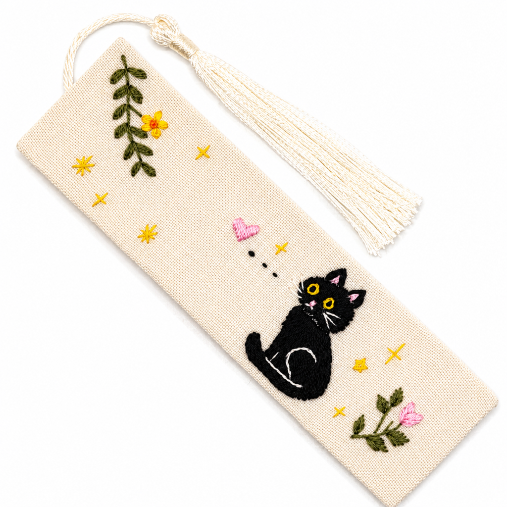 Handmade Embroidered Black Cat Linen Bookmark With Tassel - Curious Cat, 5.5 x 1.6 in.