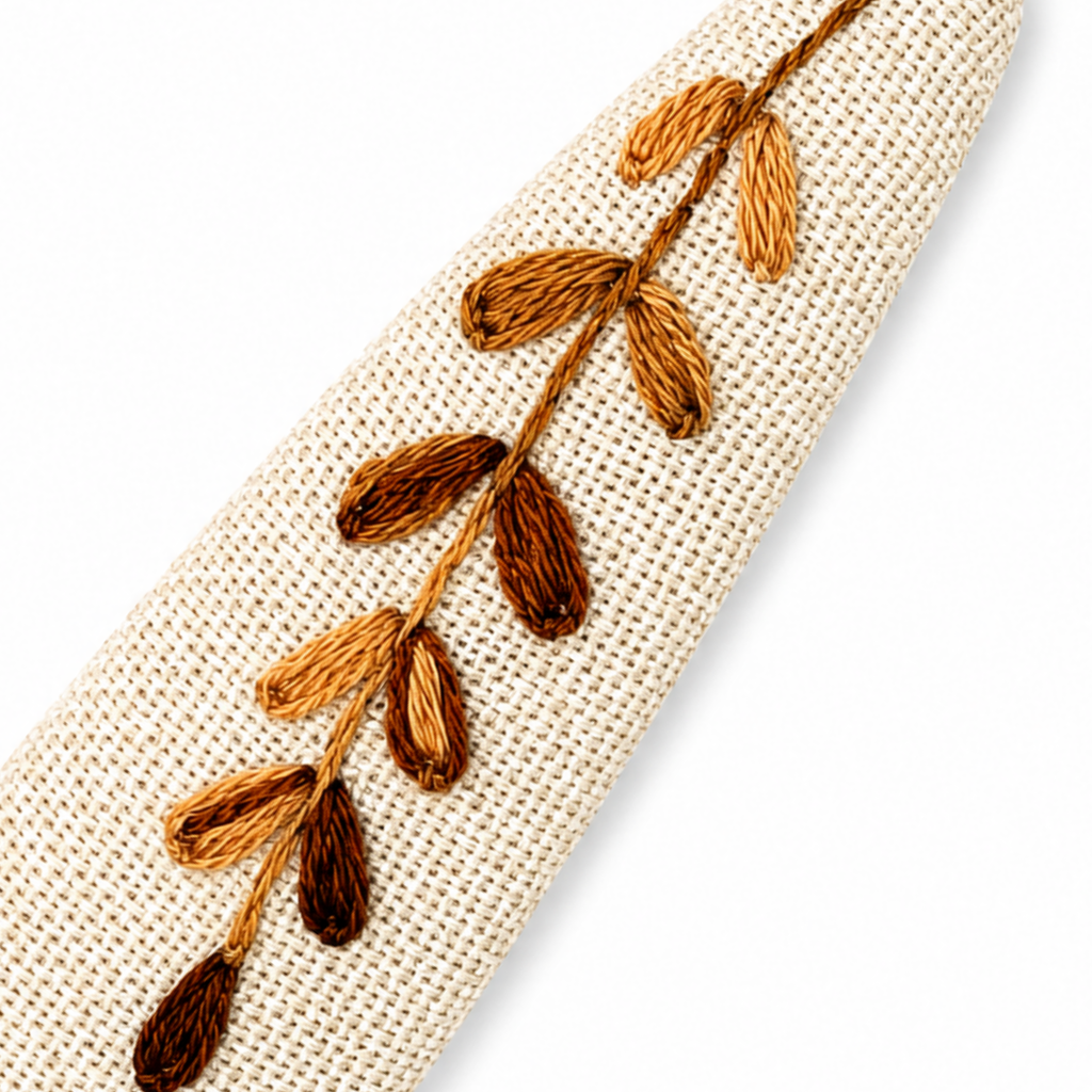 Handmade Embroidered Brown Leaf, Natural Linen Hair Snap Clips, Teardrop, 2.36 in. (Pack of 2)