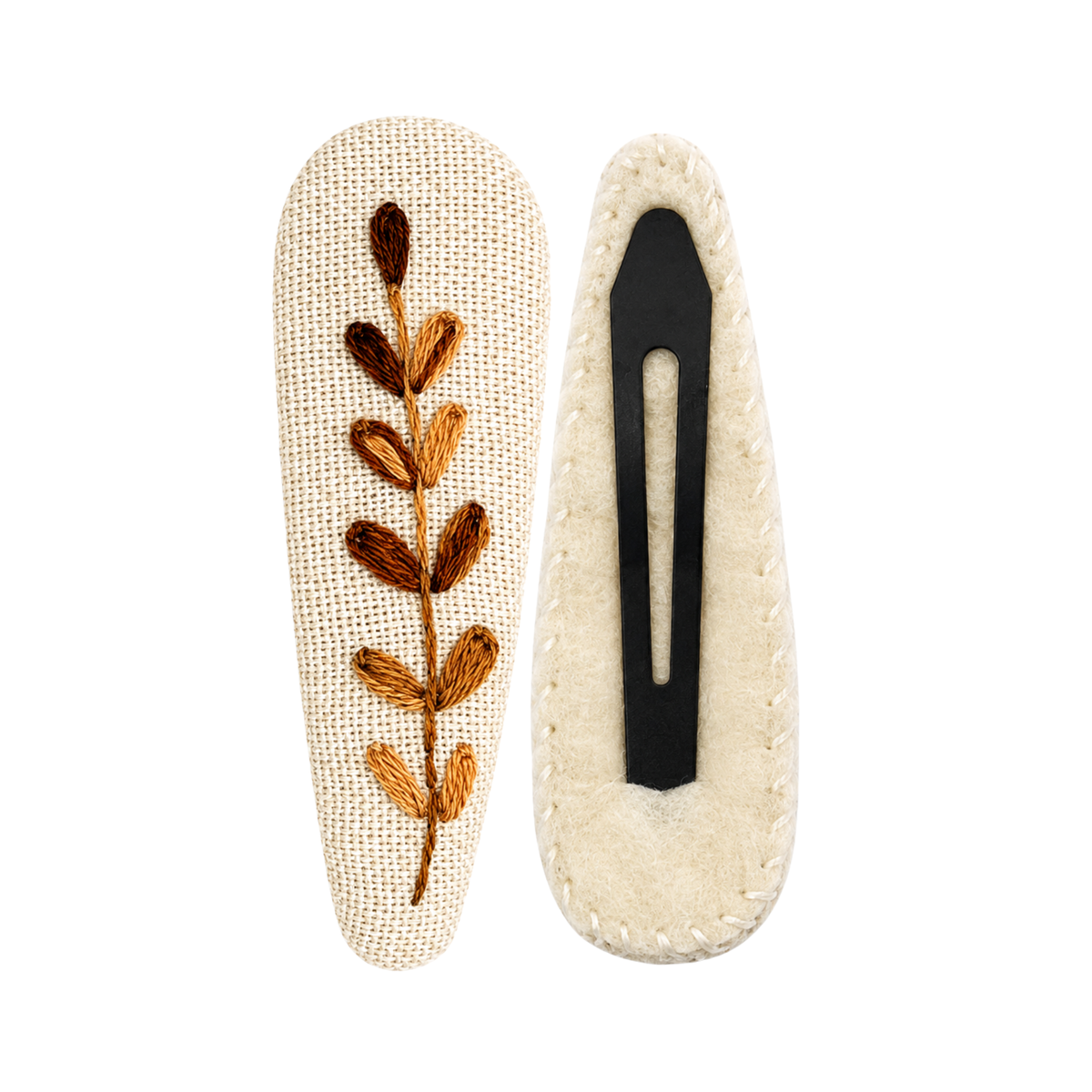 Handmade Embroidered Brown Leaf, Natural Linen Hair Snap Clips, Teardrop, 2.36 in. (Pack of 2)