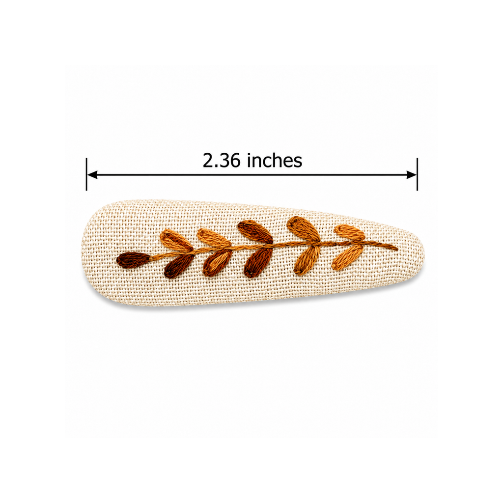 Handmade Embroidered Brown Leaf, Natural Linen Hair Snap Clips, Teardrop, 2.36 in. (Pack of 2)