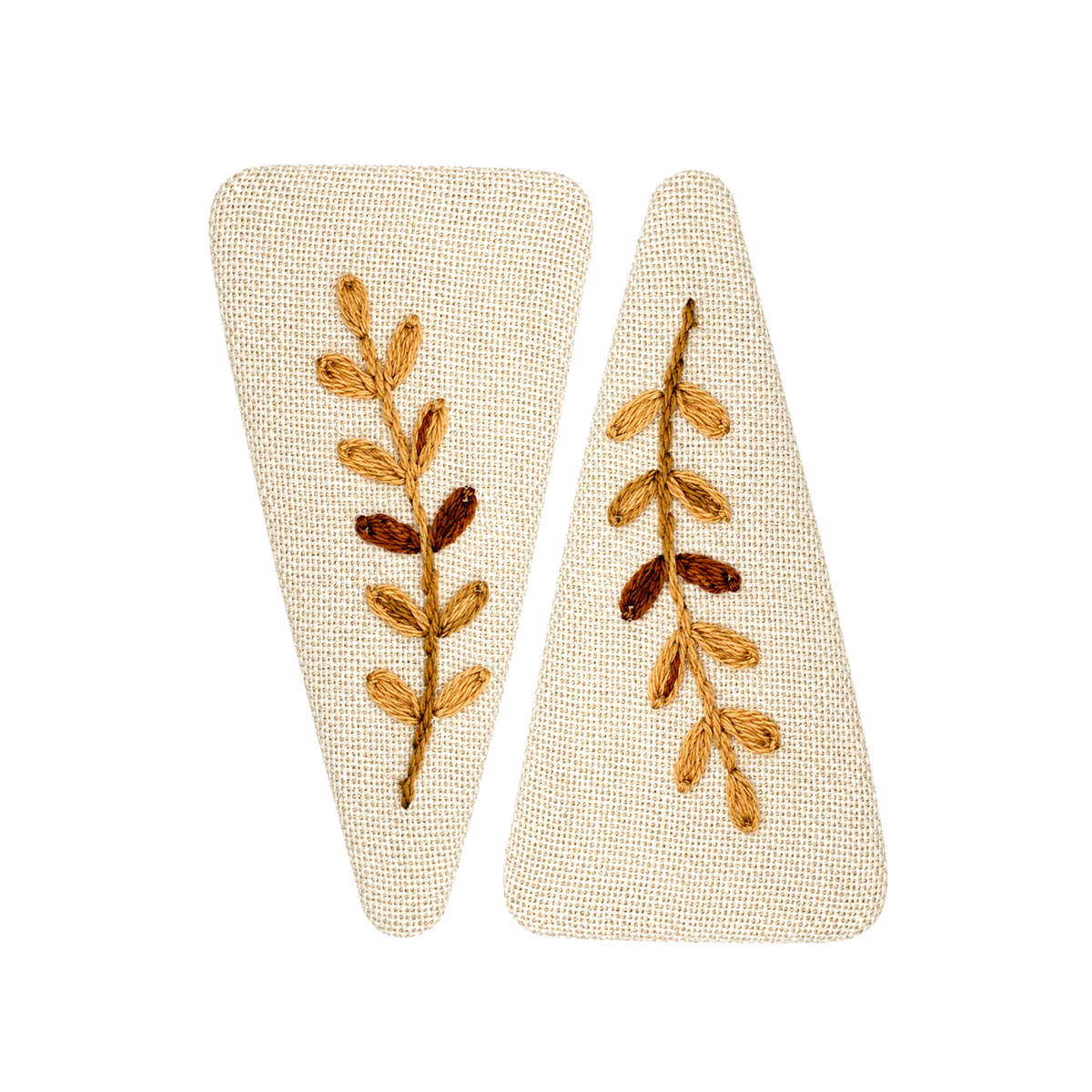 Handmade Embroidered Brown Leaf, Natural Linen Hair Snap Clips, Triangle, 2.76 in. (Pack of 2)
