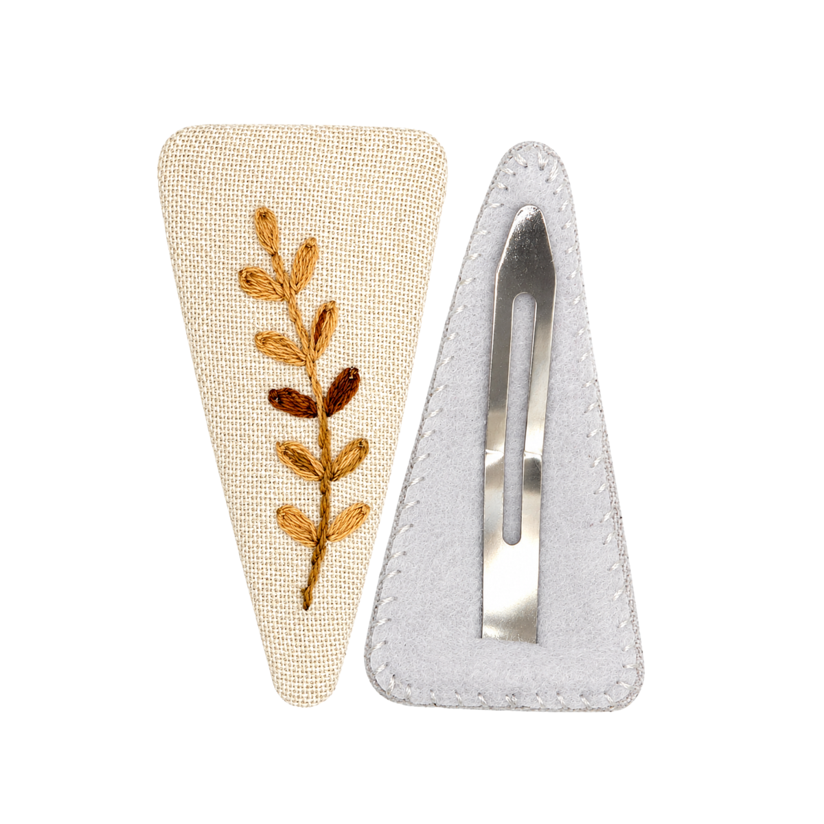 Handmade Embroidered Brown Leaf, Natural Linen Hair Snap Clips, Triangle, 2.76 in. (Pack of 2)