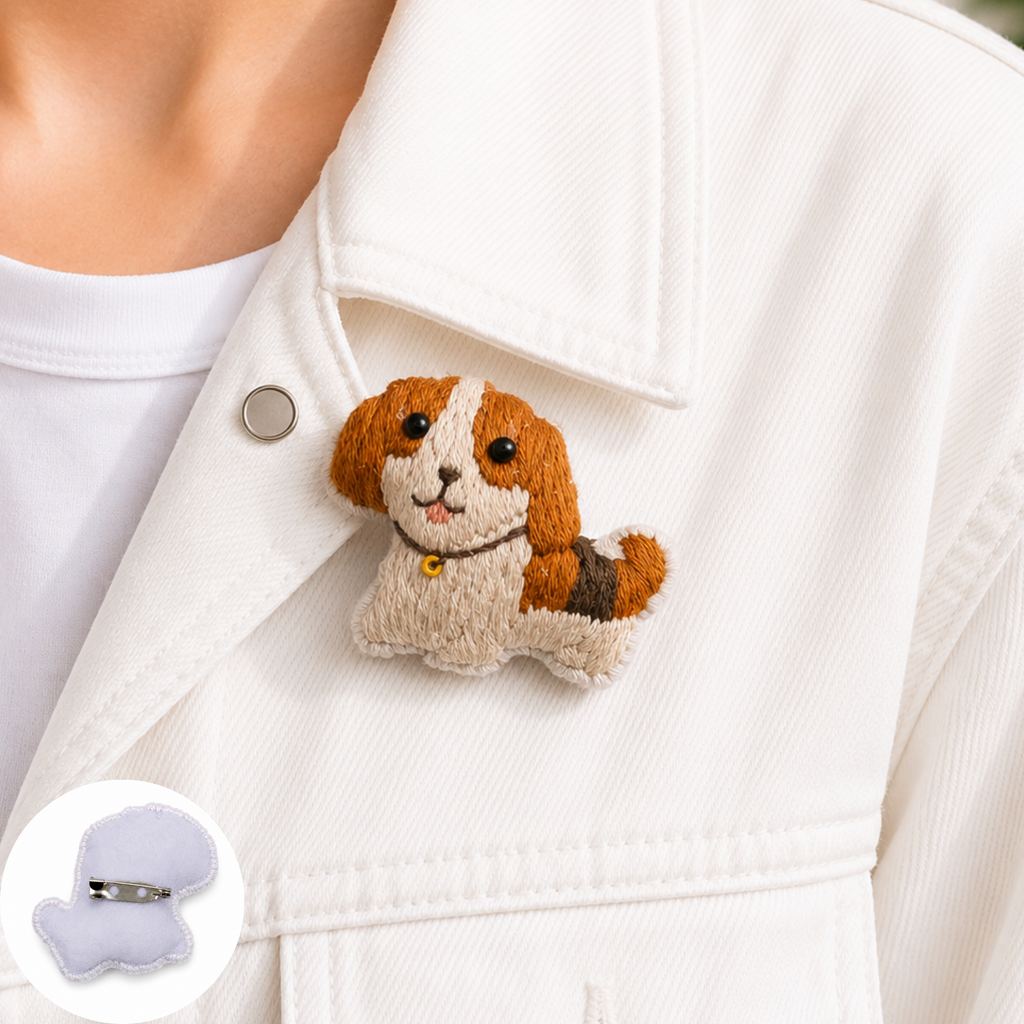 Handmade 3D Embroidered Dog Pin Badge for Bags, Hats & Clothing