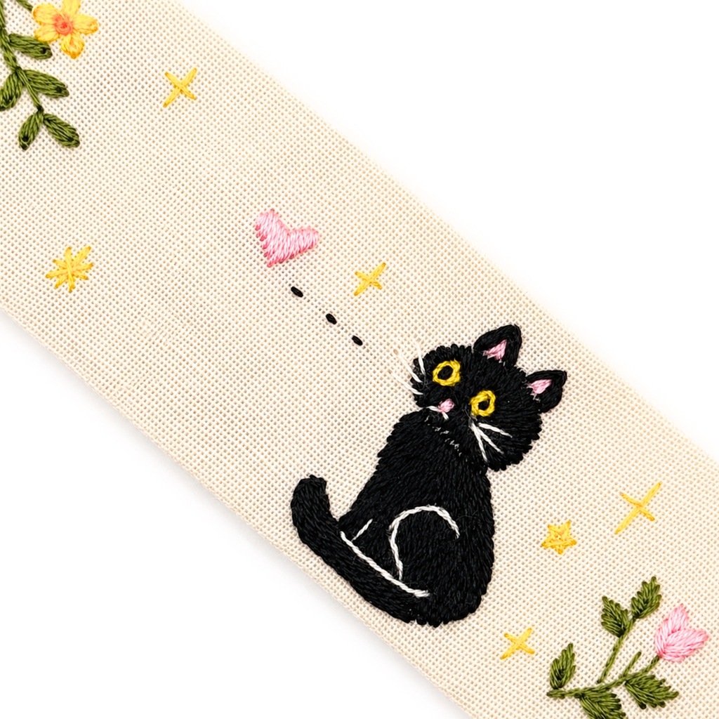 Handmade Embroidered Black Cat Linen Bookmark With Tassel - Curious Cat, 5.5 x 1.6 in.