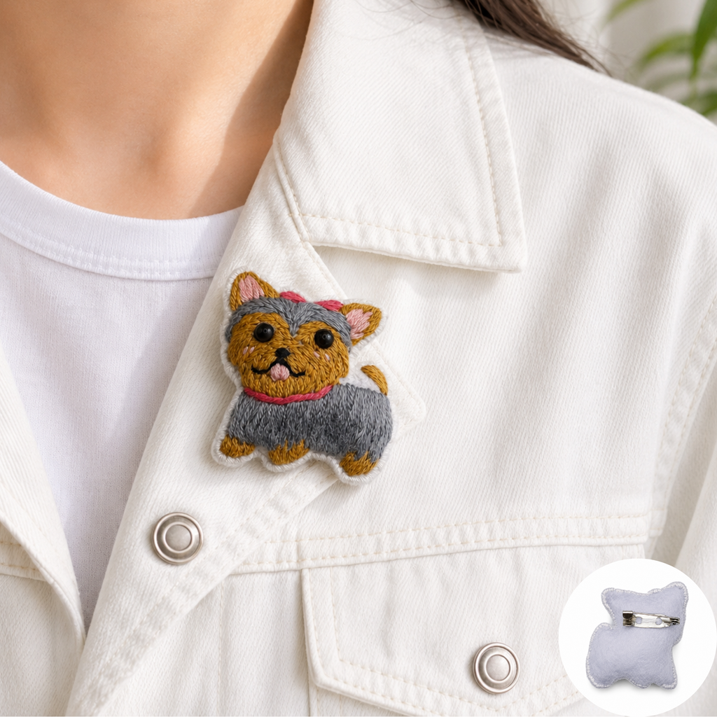 Handmade 3D Embroidered Dog Pin Badge for Bags, Hats & Clothing
