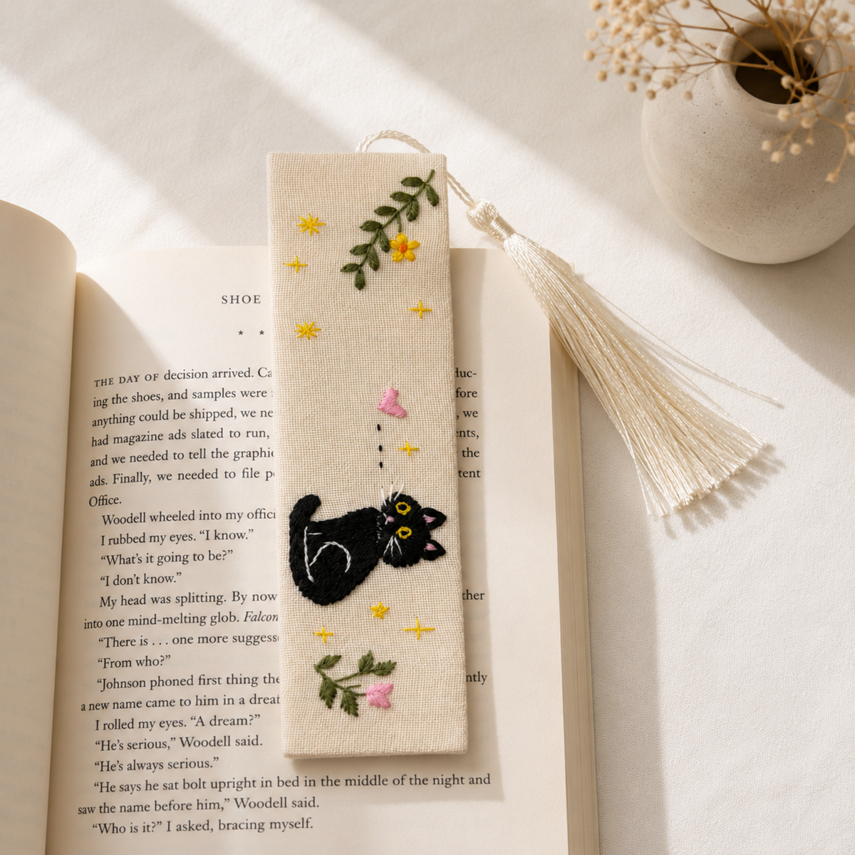 Handmade Embroidered Black Cat Linen Bookmark With Tassel - Curious Cat, 5.5 x 1.6 in.