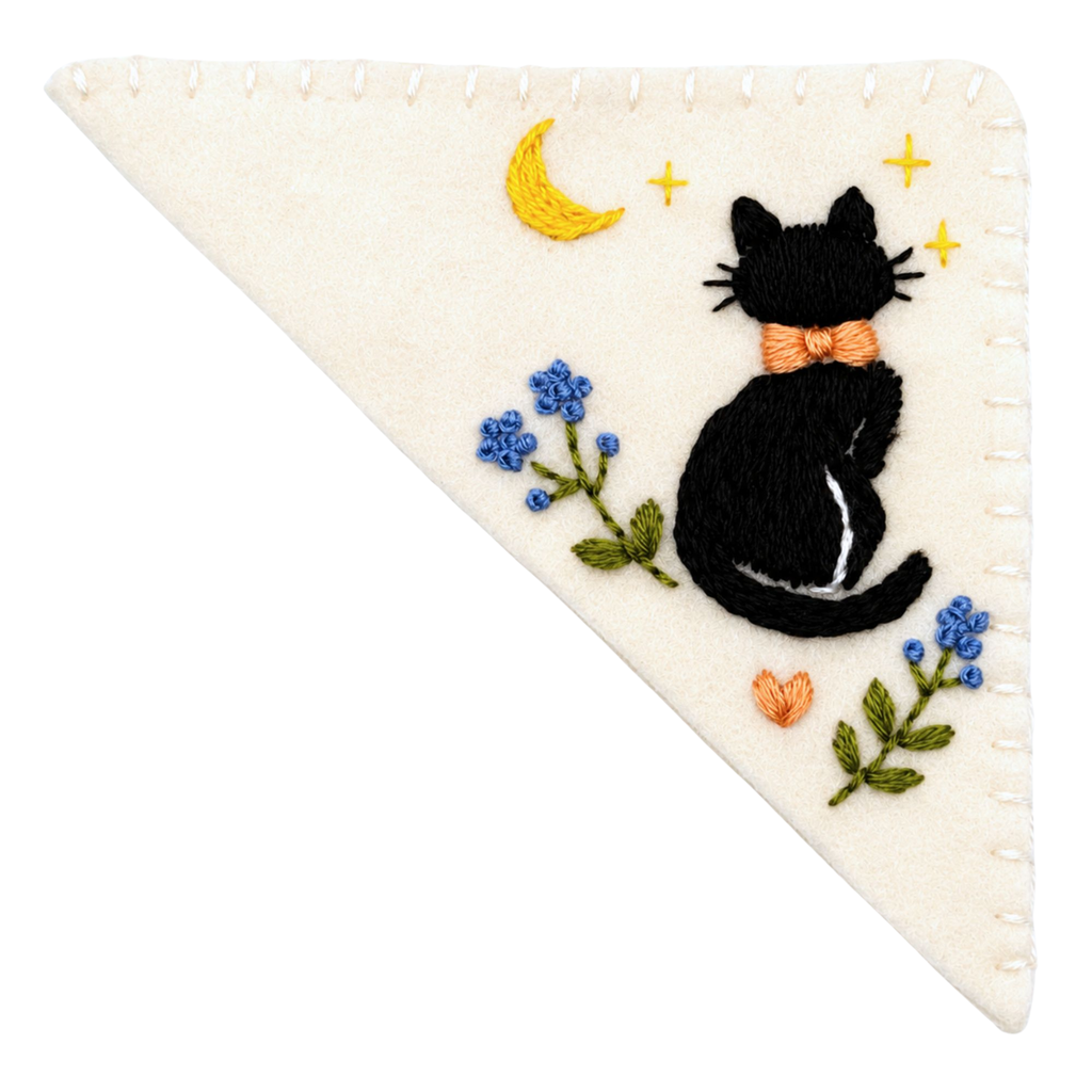 Le Petit Camion Handmade Embroidered Felt Corner Bookmark - Moonlight Black Cat