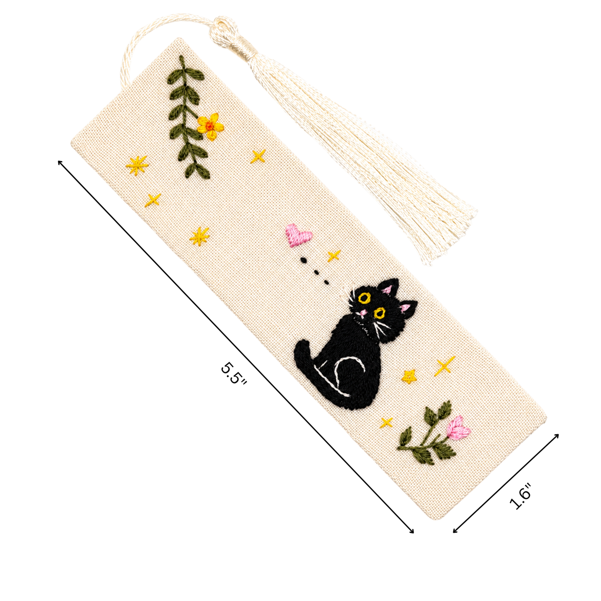 Handmade Embroidered Black Cat Linen Bookmark With Tassel - Curious Cat, 5.5 x 1.6 in.