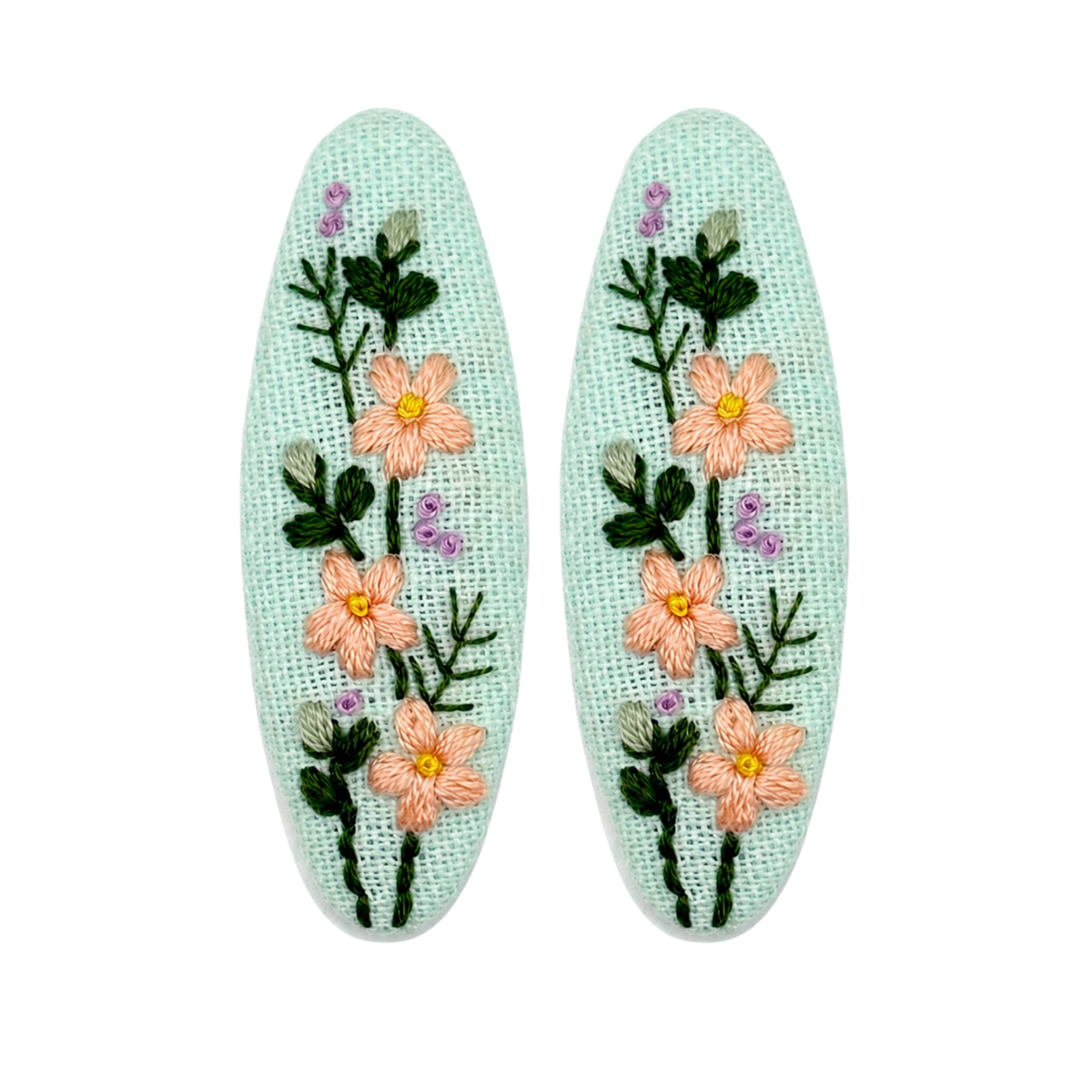 Handmade Embroidered Peach Flower, Mint Linen Hair Snap Clips, Oval, 2.36 in. (Pack of 2)