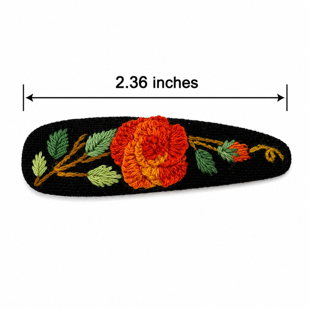 Hand Embroidered Ombre Orange Rose Linen Hair Snap Clips, Teardrop, 2.36 in. (Pack of 2)