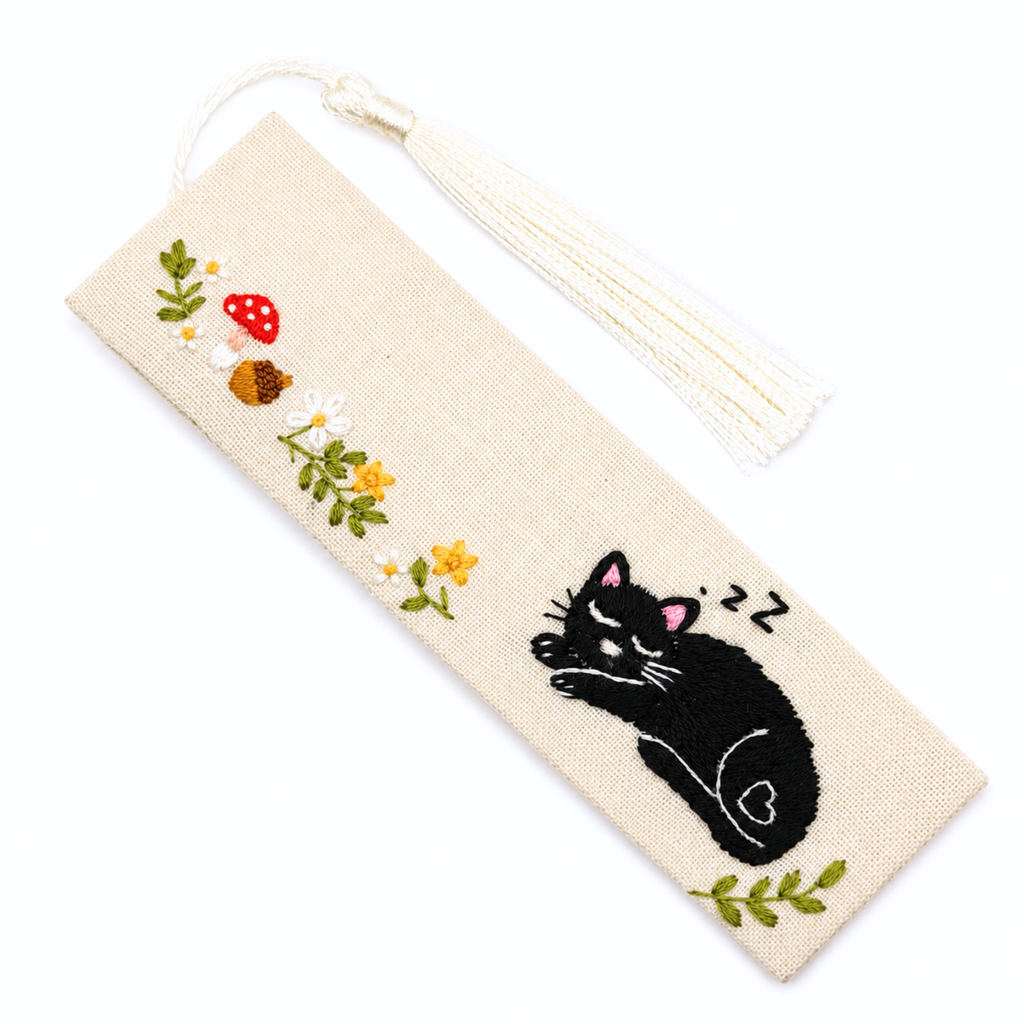 Handmade Embroidered Black Cat Linen Bookmark With Tassel - Sleeping Cat, 5.5 x 1.6 in.