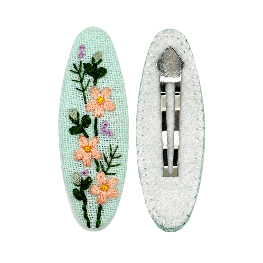 Handmade Embroidered Peach Flower, Mint Linen Hair Snap Clips, Oval, 2.36 in. (Pack of 2)