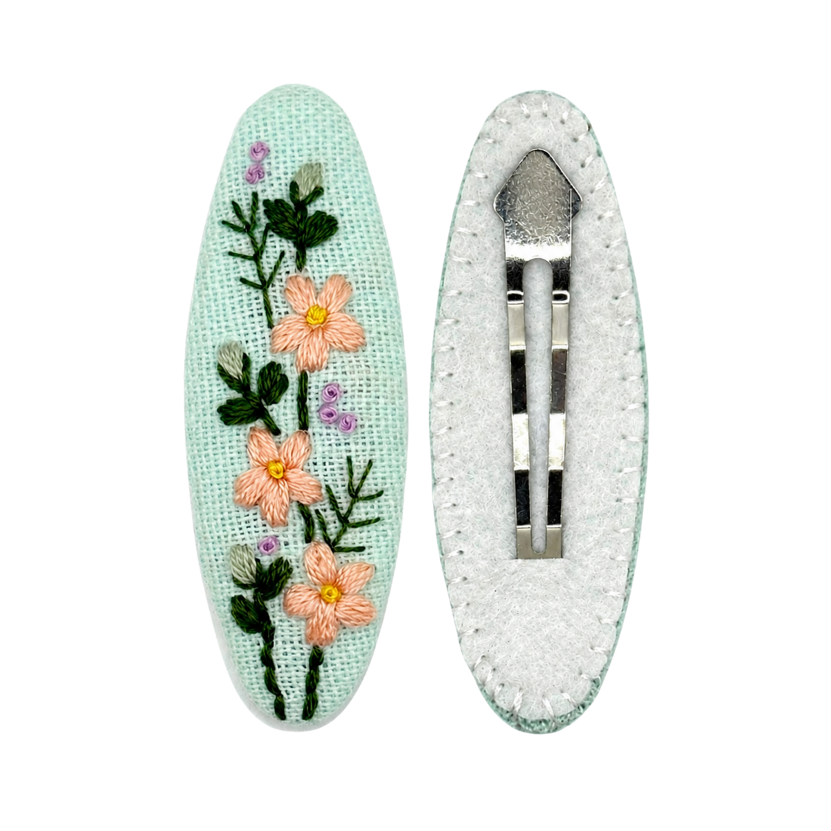 Handmade Embroidered Peach Flower, Mint Linen Hair Snap Clips, Oval, 2.36 in. (Pack of 2)