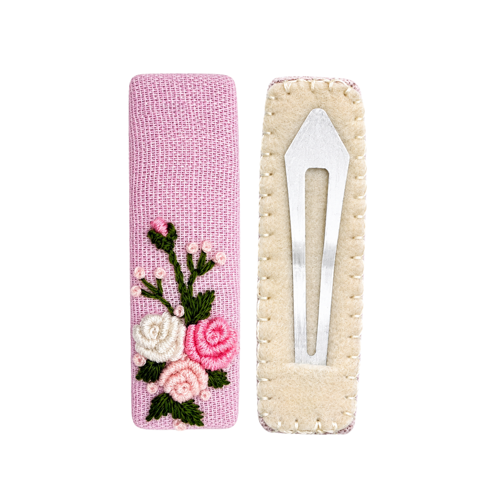 Handmade Rose Embroidery Hair Snap Clip, Pink Linen, Rectangle, 2.36"