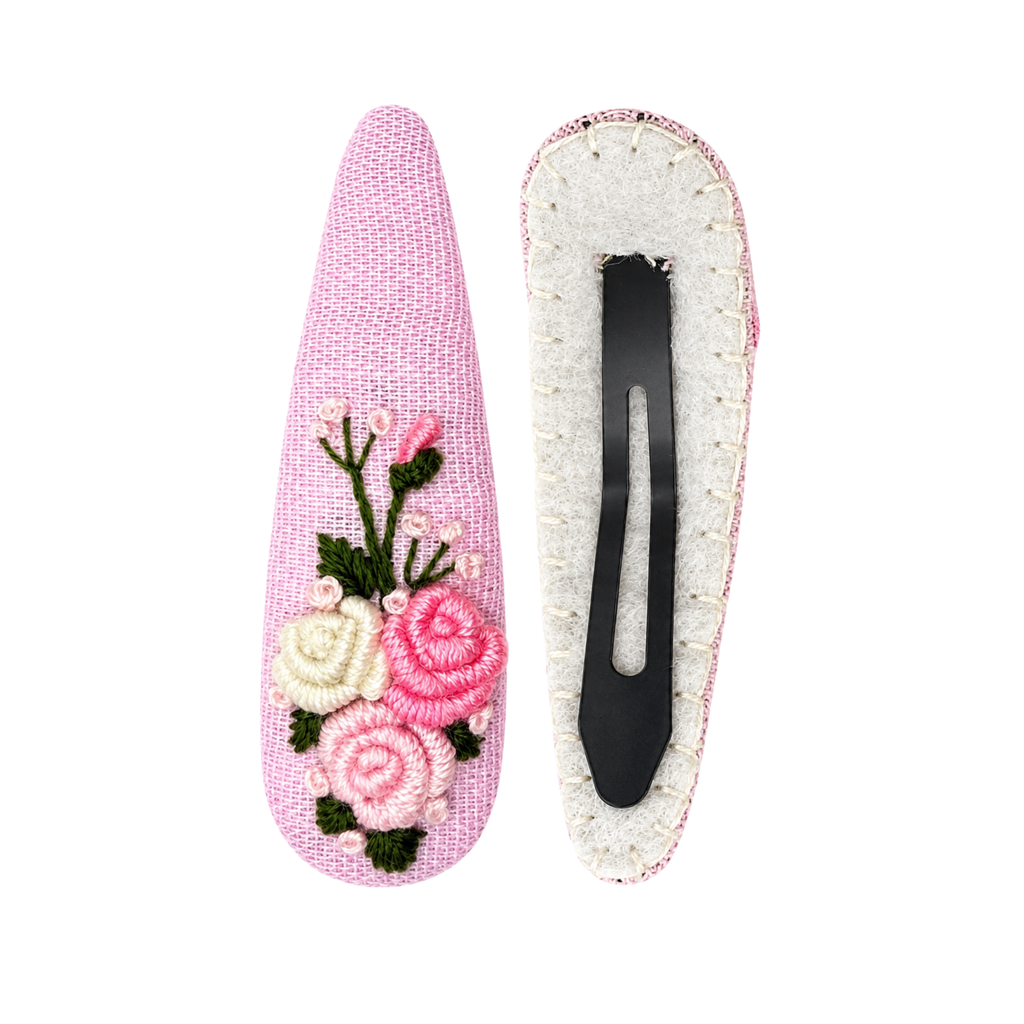 Handmade Rose Embroidery Hair Snap Clip, Pink Linen, Teardrop, 2.36"