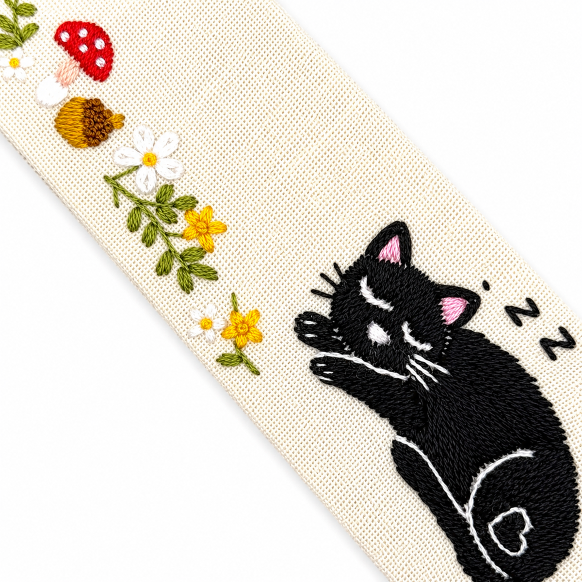 Handmade Embroidered Black Cat Linen Bookmark With Tassel - Sleeping Cat, 5.5 x 1.6 in.