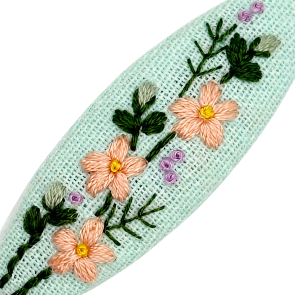 Handmade Embroidered Peach Flower, Mint Linen Hair Snap Clips, Oval, 2.36 in. (Pack of 2)