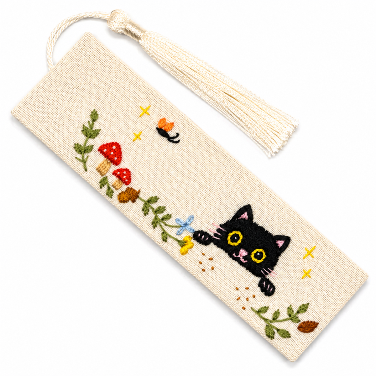 Handmade Embroidered Black Cat Linen Bookmark With Tassel - Peekaboo Cat, 5.5 x 1.6 in.