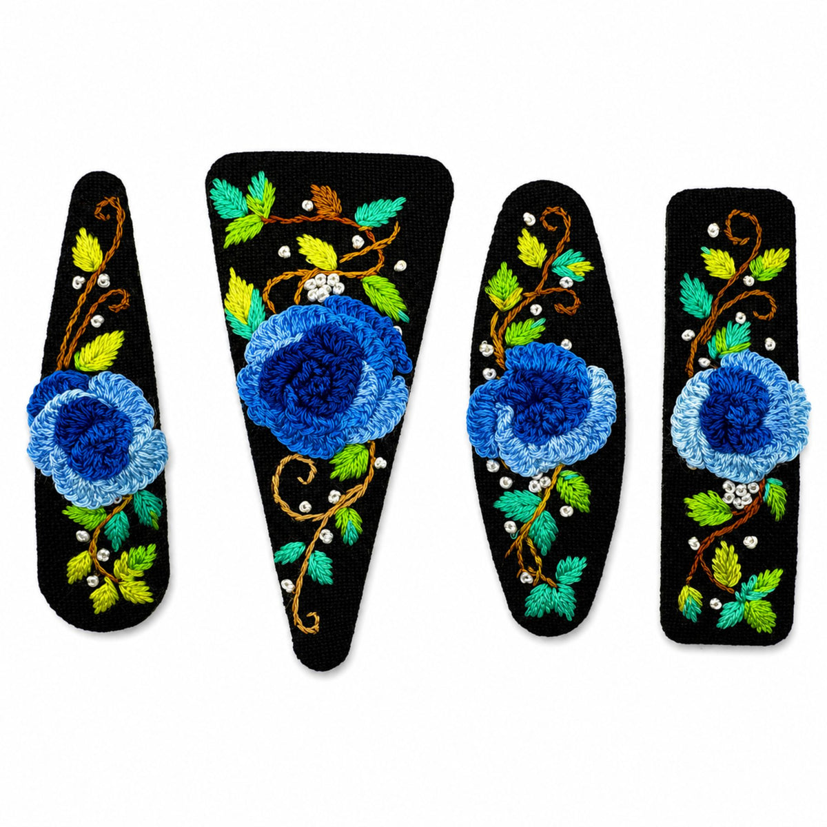 Hand Embroidered Ombre Blue Rose Linen Hair Snap Clips, Oval, 2.36 in. (Pack of 2)