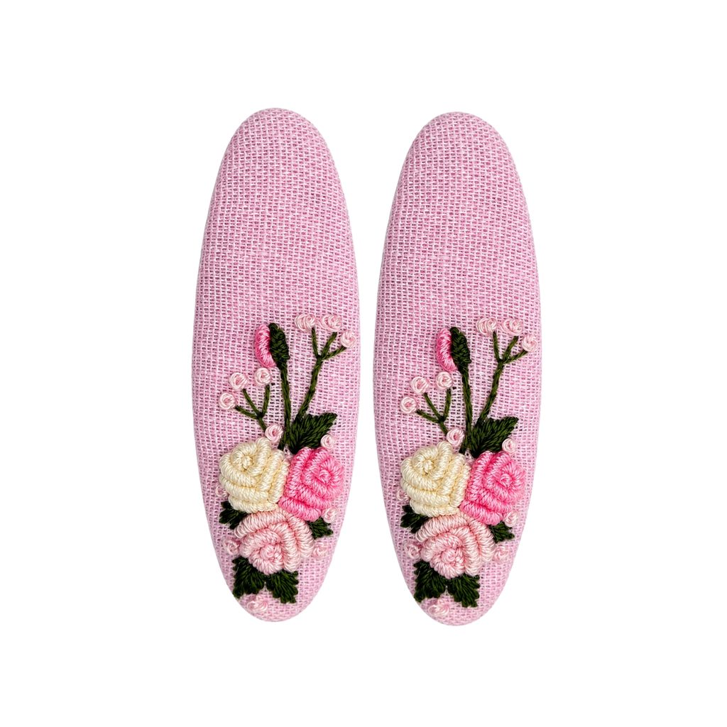 Handmade Rose Embroidery Hair Snap Clip, Pink Linen, Oval, 2.36"