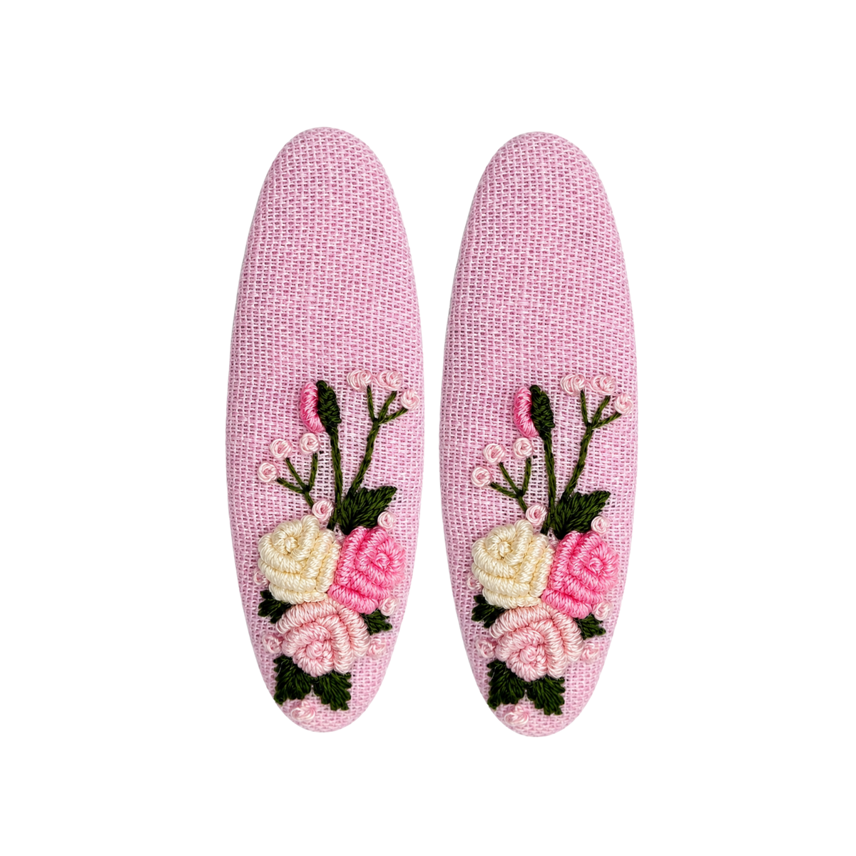 Handmade Rose Embroidery Hair Snap Clip, Pink Linen, Oval, 2.36"