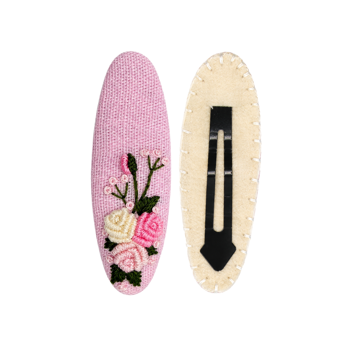 Handmade Rose Embroidery Hair Snap Clip, Pink Linen, Oval, 2.36"