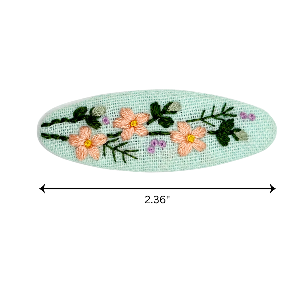 Handmade Embroidered Peach Flower, Mint Linen Hair Snap Clips, Oval, 2.36 in. (Pack of 2)