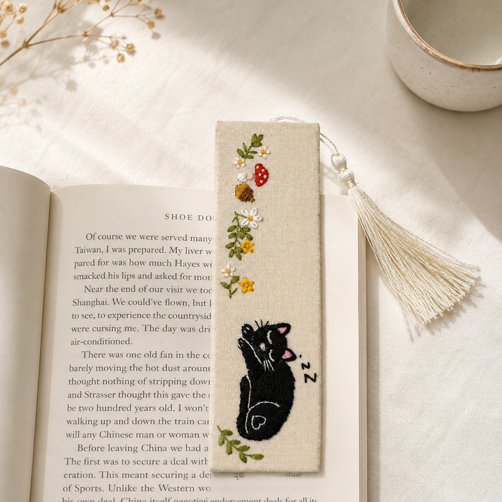 Handmade Embroidered Black Cat Linen Bookmark With Tassel - Sleeping Cat, 5.5 x 1.6 in.
