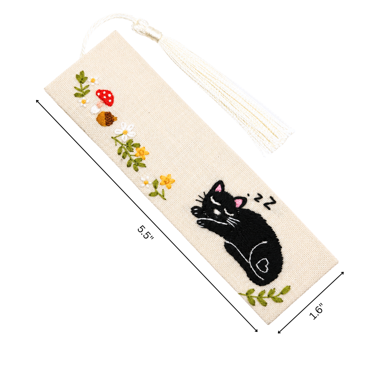 Handmade Embroidered Black Cat Linen Bookmark With Tassel - Sleeping Cat, 5.5 x 1.6 in.