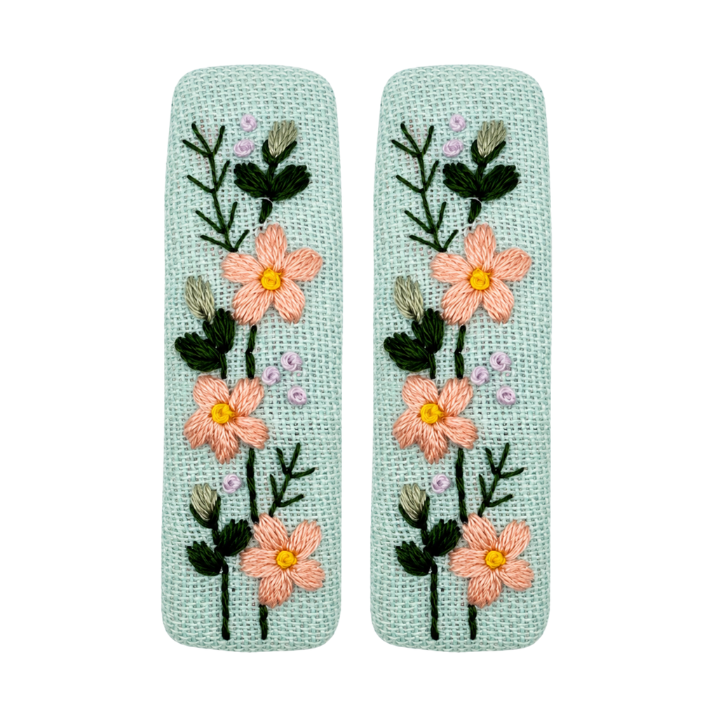 Handmade Embroidered Peach Flower, Mint Linen Hair Snap Clips, Rectangle, 2.36 in. (Pack of 2)