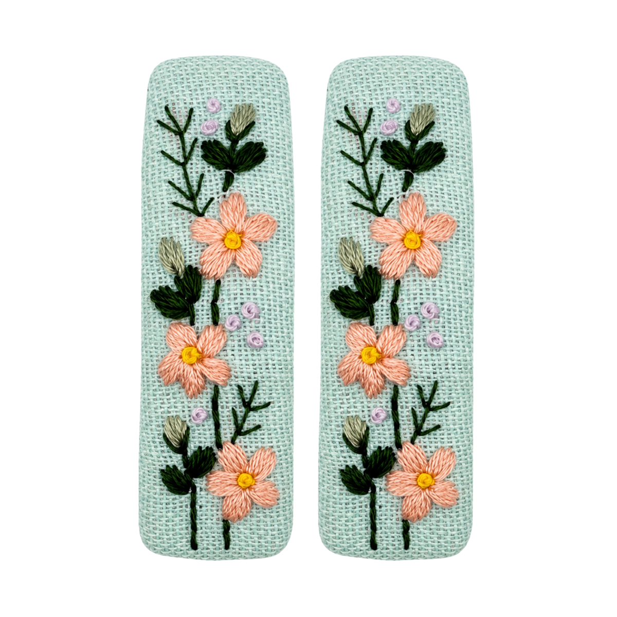 Handmade Embroidered Peach Flower, Mint Linen Hair Snap Clips, Rectangle, 2.36 in. (Pack of 2)