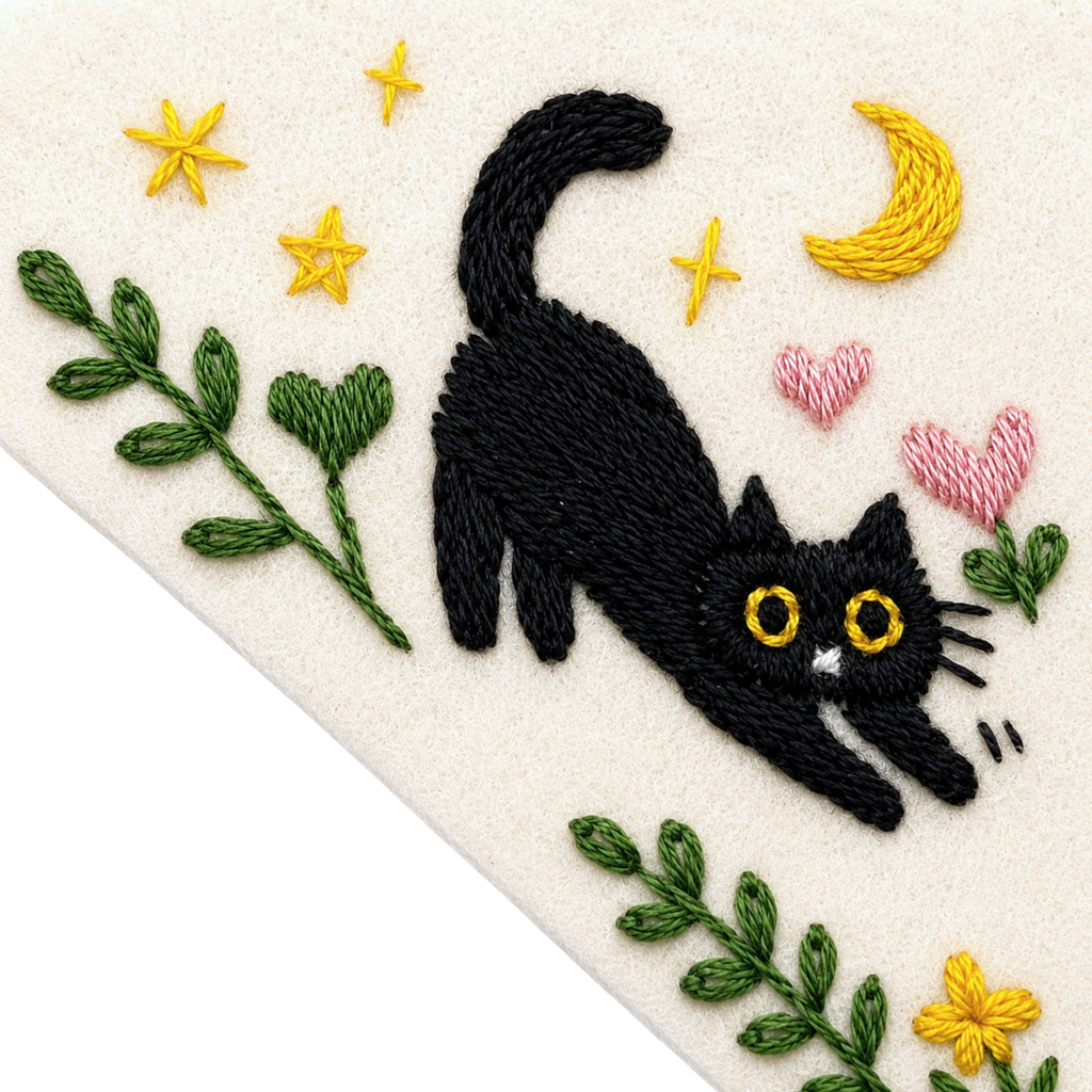 Le Petit Camion Handmade Embroidered Felt Corner Bookmark - Stretching Black Cat