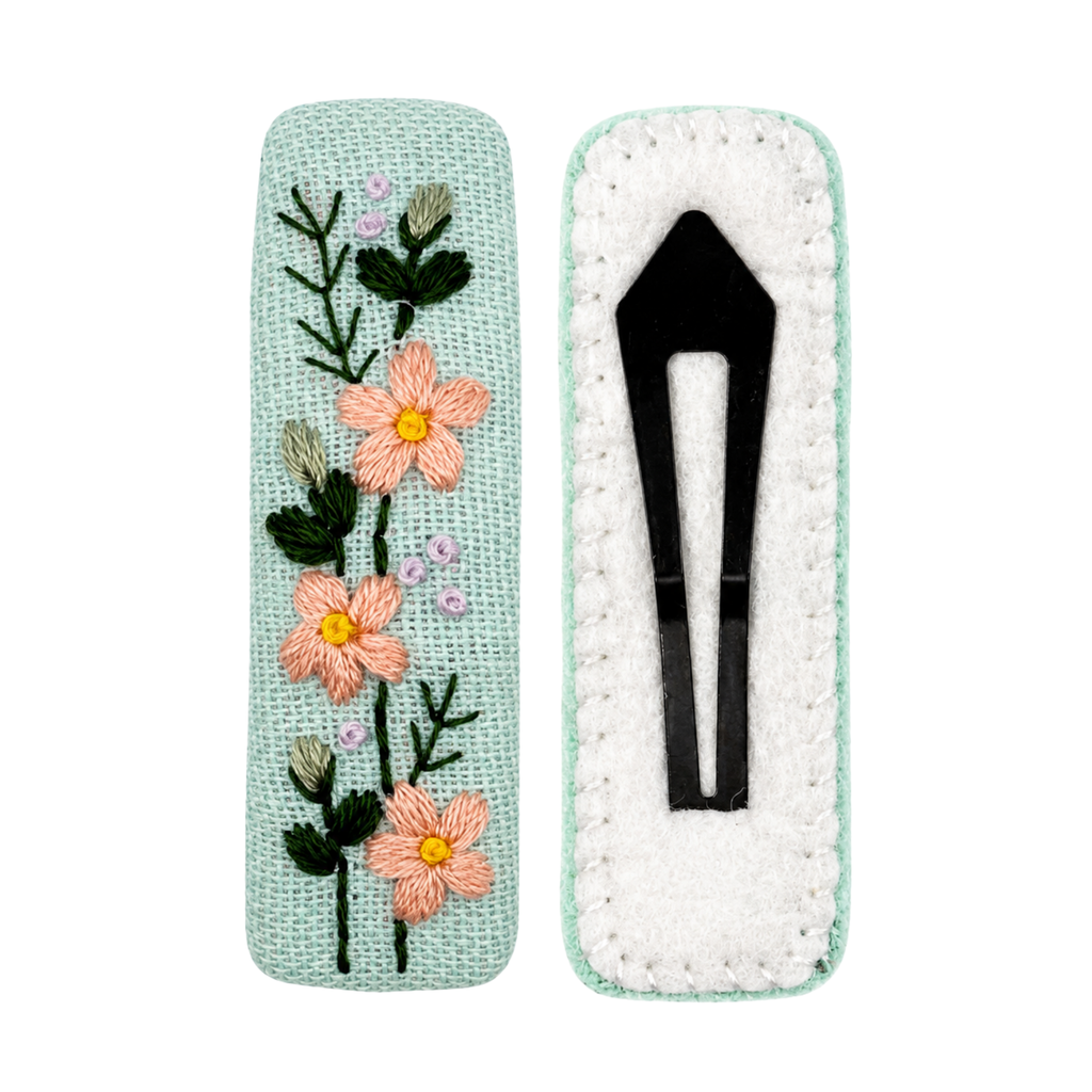 Handmade Embroidered Peach Flower, Mint Linen Hair Snap Clips, Rectangle, 2.36 in. (Pack of 2)