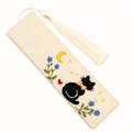 Handmade Embroidered Black Cat Linen Bookmark With Tassel - Moonlight Cat, 5.5 x 1.6 in.