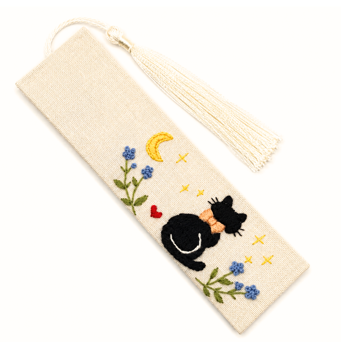 Handmade Embroidered Black Cat Linen Bookmark With Tassel - Moonlight Cat, 5.5 x 1.6 in.
