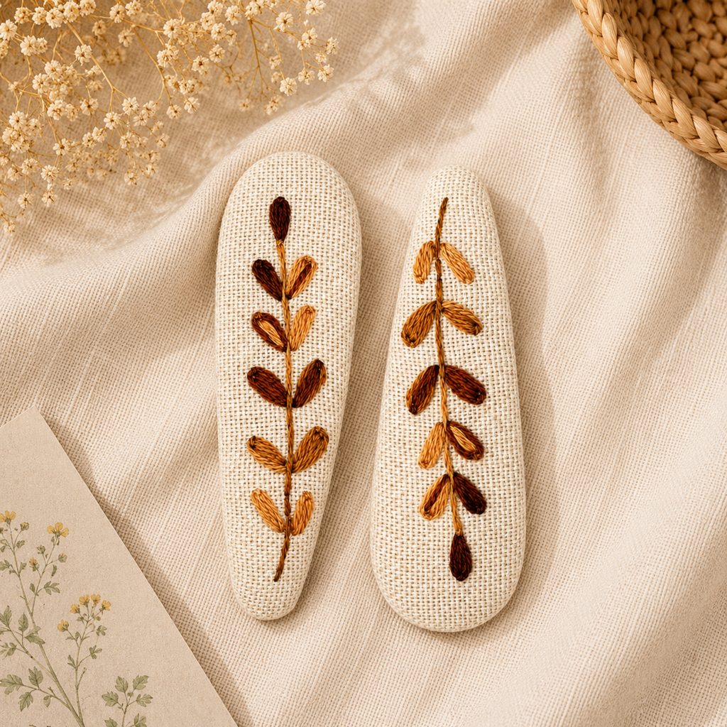 Handmade Embroidered Brown Leaf, Natural Linen Hair Snap Clips, Teardrop, 2.36 in. (Pack of 2)