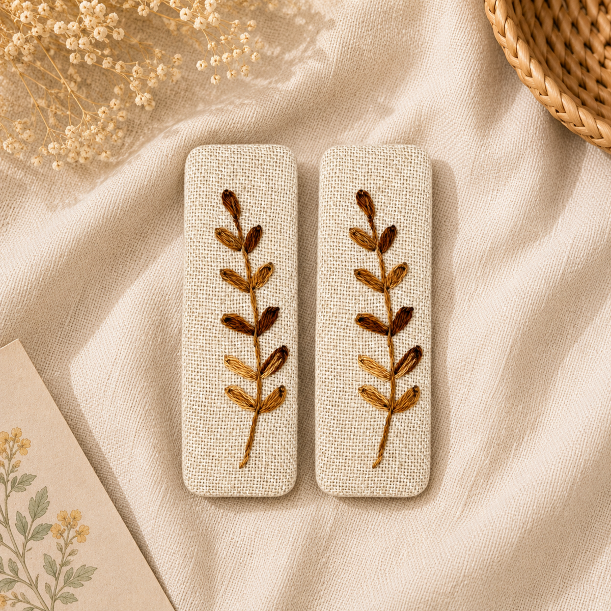 Handmade Embroidered Brown Leaf, Natural Linen Hair Snap Clips, Rectangle, 2.36 in. (Pack of 2)