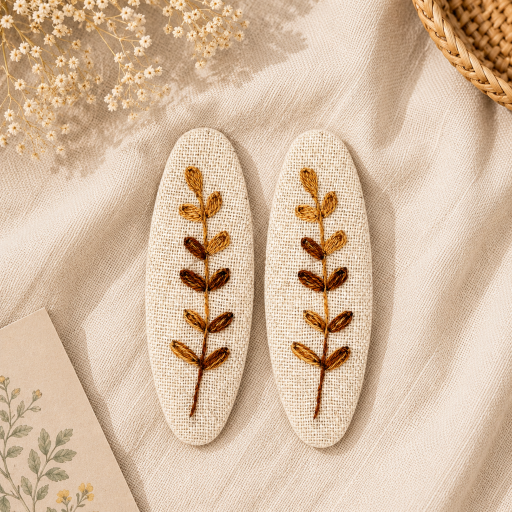 Handmade Embroidered Brown Leaf, Natural Linen Hair Snap Clips, Oval, 2.36 in. (Pack of 2)