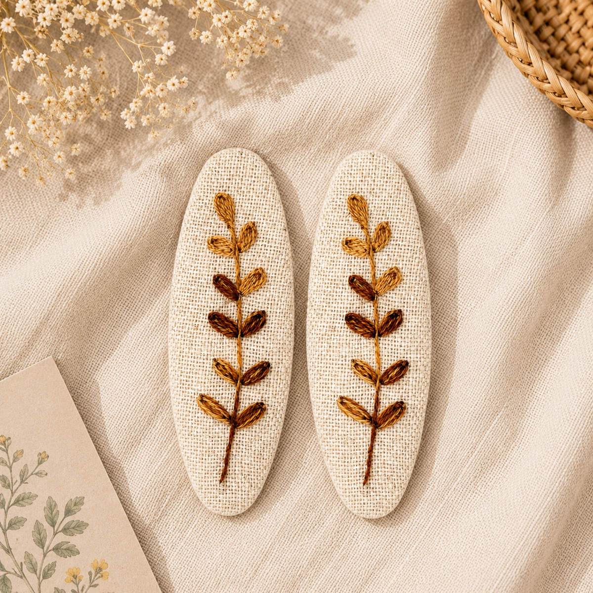 Handmade Embroidered Brown Leaf, Natural Linen Hair Snap Clips, Oval, 2.36 in. (Pack of 2)