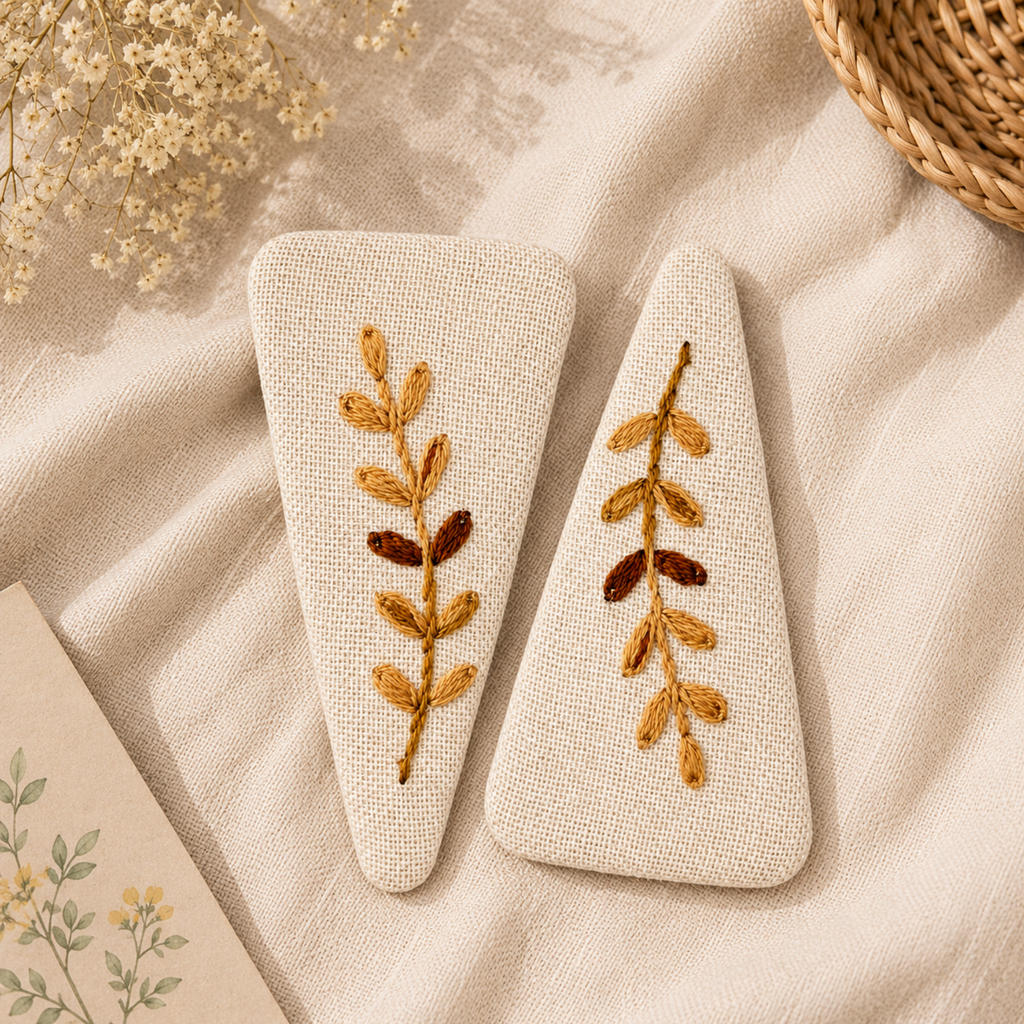 Handmade Embroidered Brown Leaf, Natural Linen Hair Snap Clips, Triangle, 2.76 in. (Pack of 2)