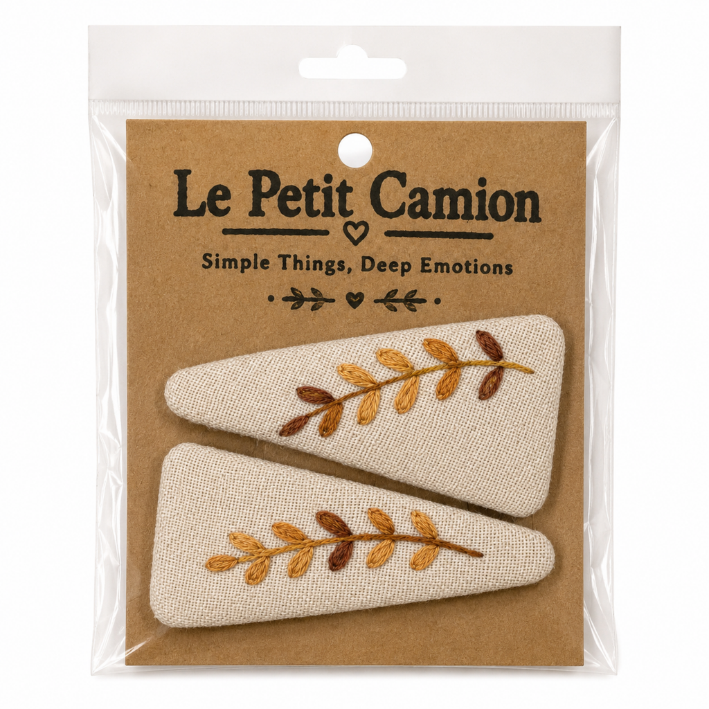 Handmade Embroidered Brown Leaf, Natural Linen Hair Snap Clips, Rectangle, 2.36 in. (Pack of 2)