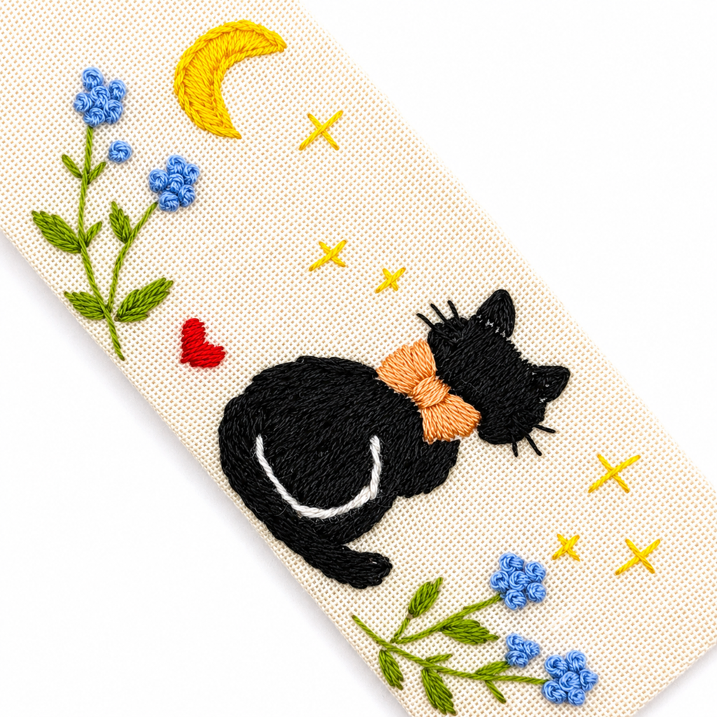 Handmade Embroidered Black Cat Linen Bookmark With Tassel - Moonlight Cat, 5.5 x 1.6 in.