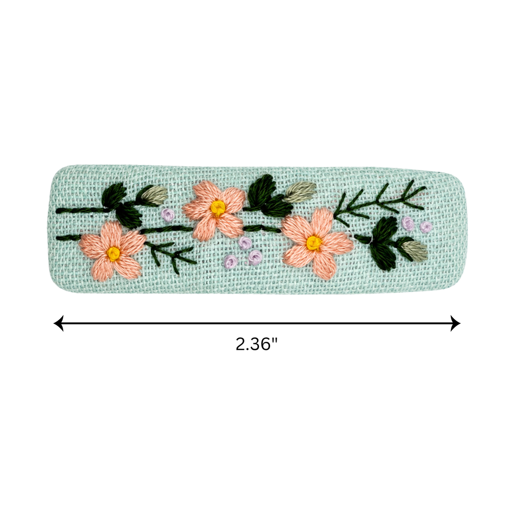 Handmade Embroidered Peach Flower, Mint Linen Hair Snap Clips, Rectangle, 2.36 in. (Pack of 2)