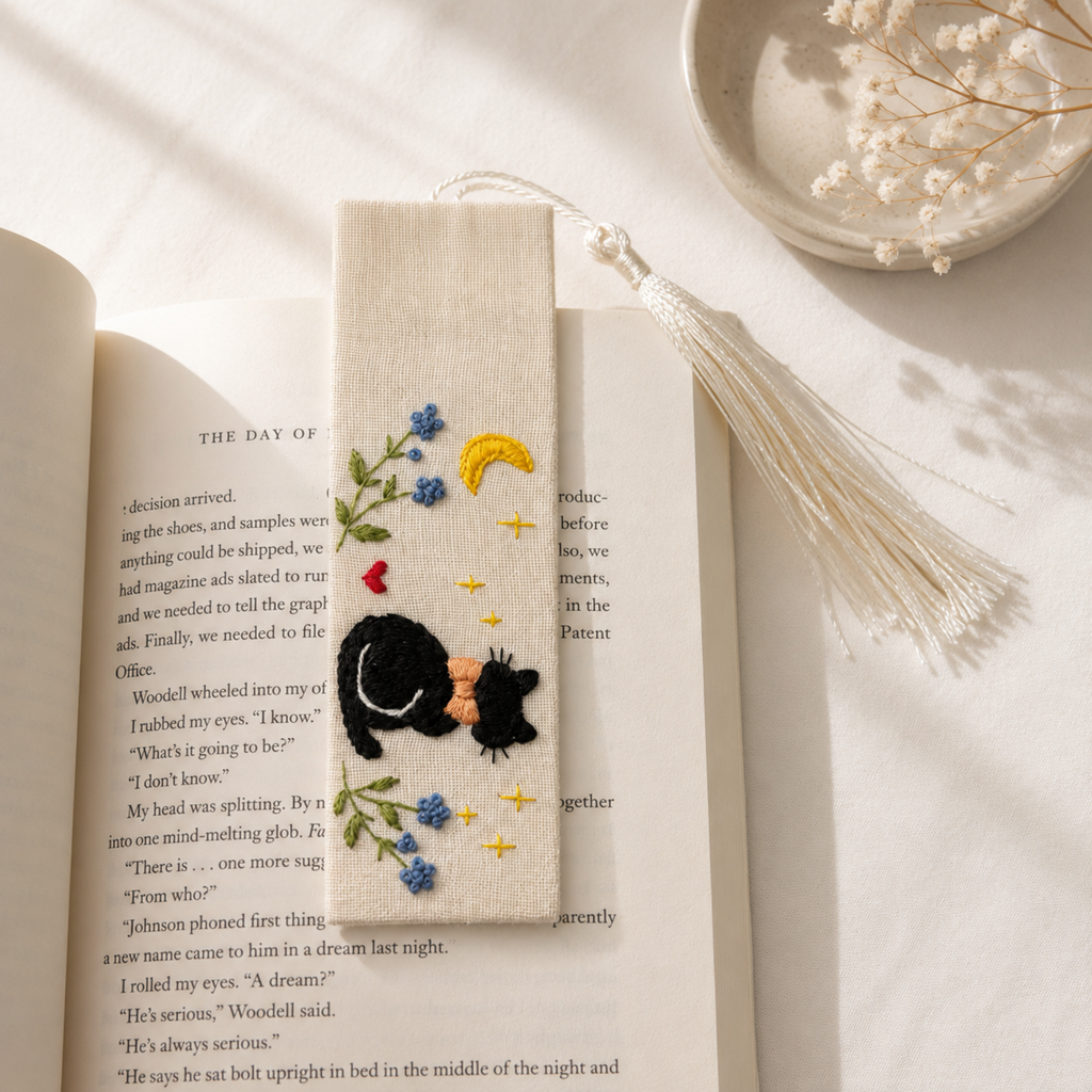 Handmade Embroidered Black Cat Linen Bookmark With Tassel - Moonlight Cat, 5.5 x 1.6 in.